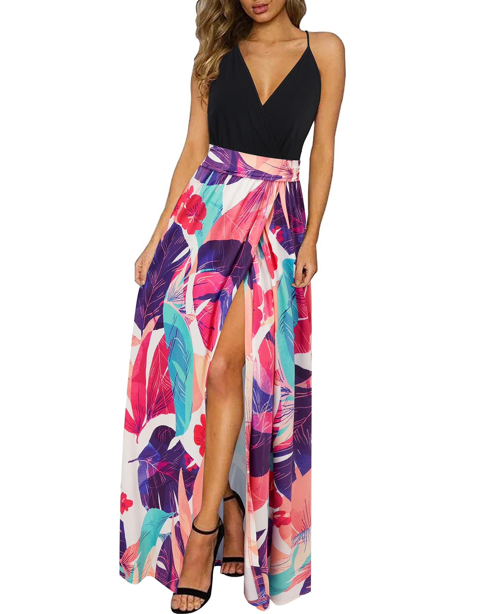 Newshows Sommerkleid Damen Lang Maxikleid Sommer V Ausschnitt Kleid Schlitz Elegant Spaghettiträger Freizeitkleid für Hochzeitsgäste