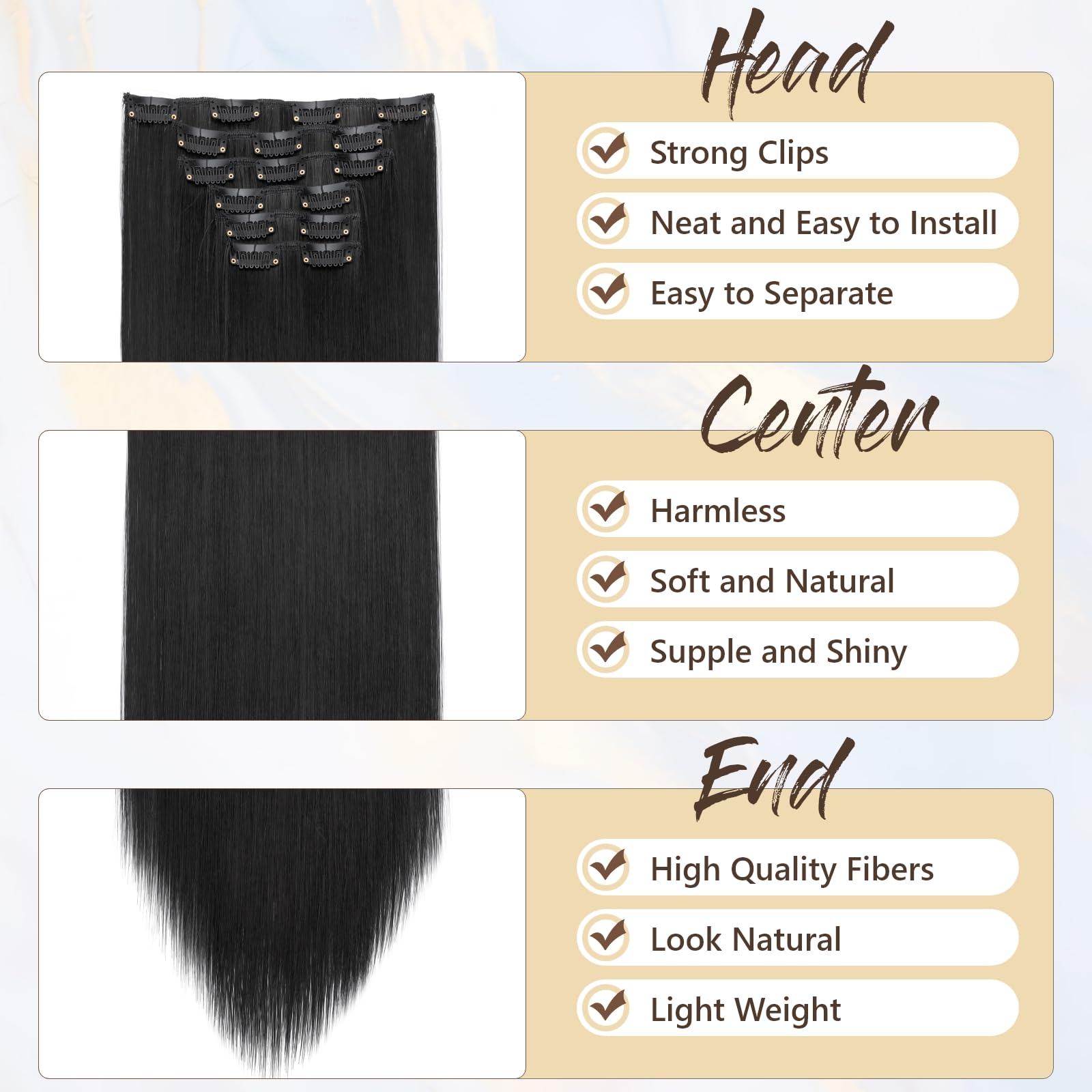 Benehair 24" Clip in Hair Extensions Full Head 6 Pcs 16 Clips Long Straight Hair Extensions Clip in Synthetic Fiber Natural Extension Black Hairpiece for Women(Black - Image 4
