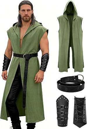 Verceco Mens Renaissance Costume Set Medieval/Renaissance Costume for Men with Hooded Surcoat Leather Belt & Bracers