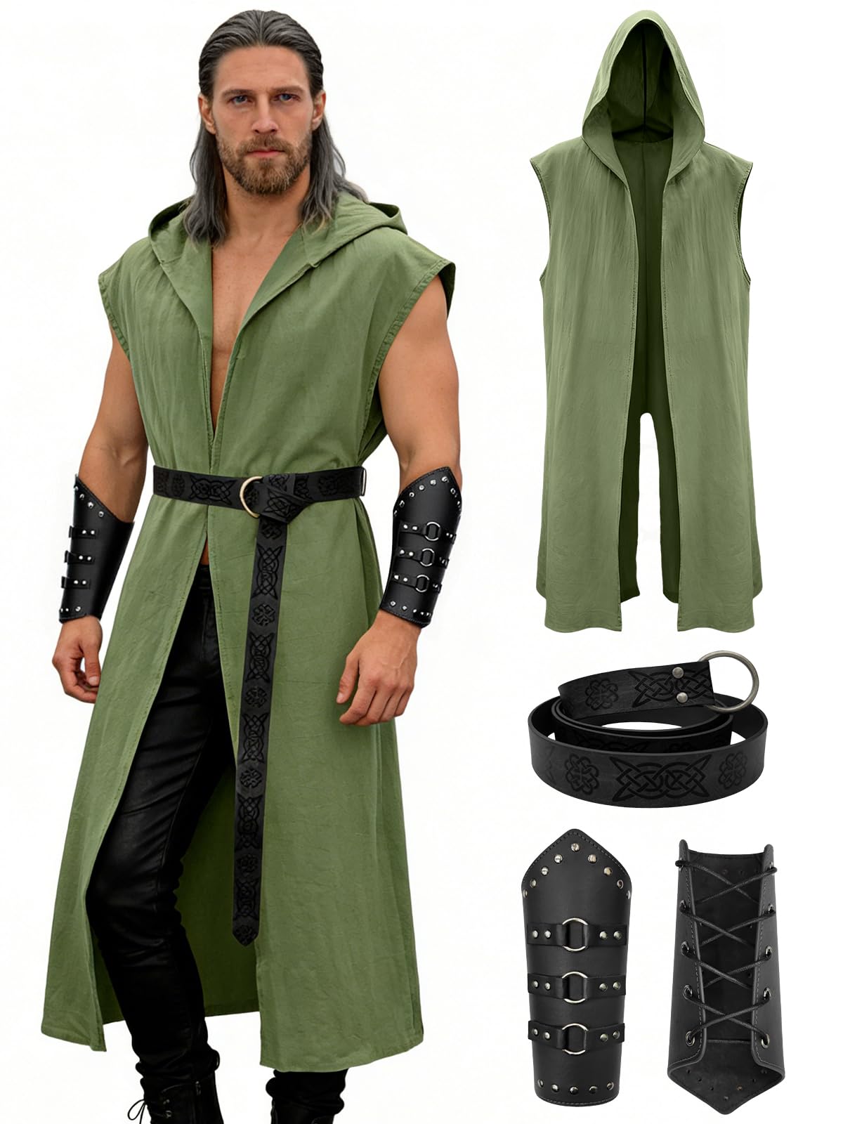 Verceco Men’s Renaissance Costume Set – Medieval/Renaissance Costume for Men with Hooded Surcoat Leather Belt & Bracers, Green, XX-L
