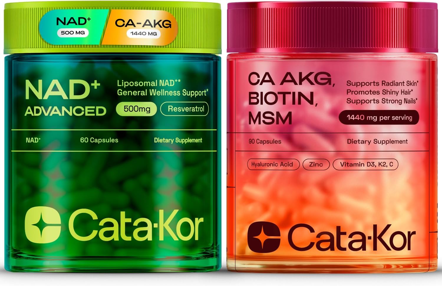 Cata-Kor NAD+ Supplement & Ca-AKG Complex - Liposomal NAD+ Supplement with Resveratrol (60 Capsules) & Ca-AKG, MSM, Hyaluronic Acid & Biotin Beauty Complex (90 Capsules) – Third-Party Tested