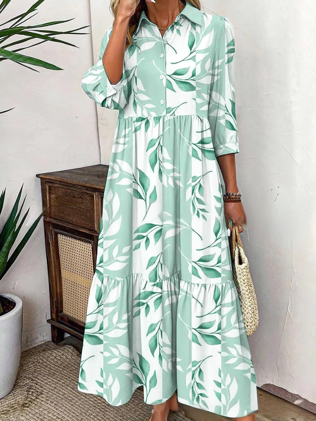 chouyatou Women Striped Printed Button Up Polo Collar Shirt Dress 3/4 Sleeve Ruffle Tiered Maxi Long Dress