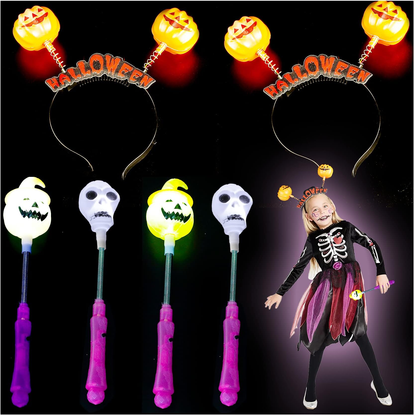 TONULAXHalloween Party Favors,Set of 2 LED Light Up Pumpkin & Skull Headband, 4 PCS of Halloween Glowing Wand Stick LED Hand Stick, Halloween gifts, Light Up Toys for kids, Halloween Treats Goodie Bag Fillers