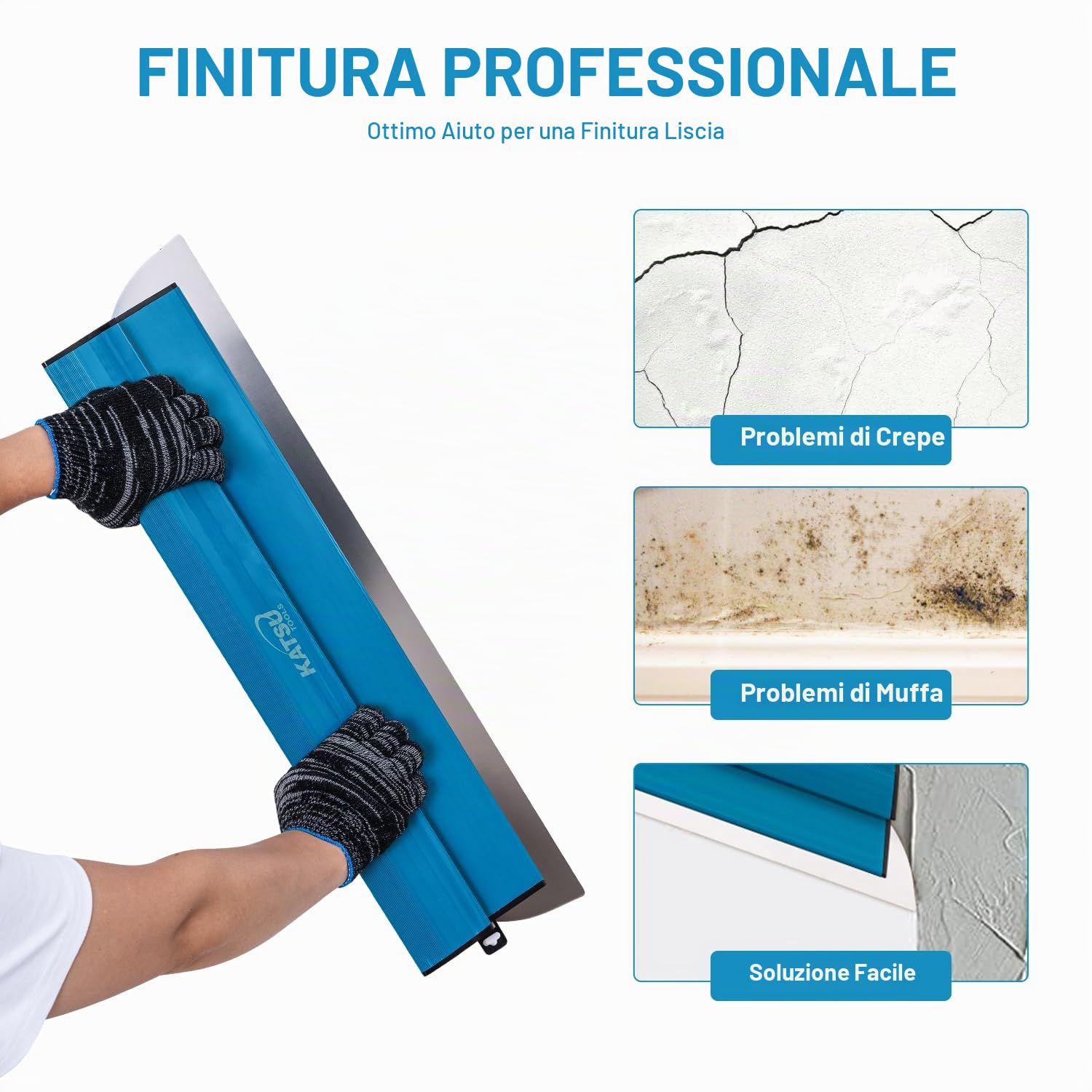 KATSU Tools Spatole per Stucco Kit, Frattazzo per Stucco in Acciaio Inox da 25+40+60+80 cm, Spatola di Finitura per Intonacare Pareti e Soffitti