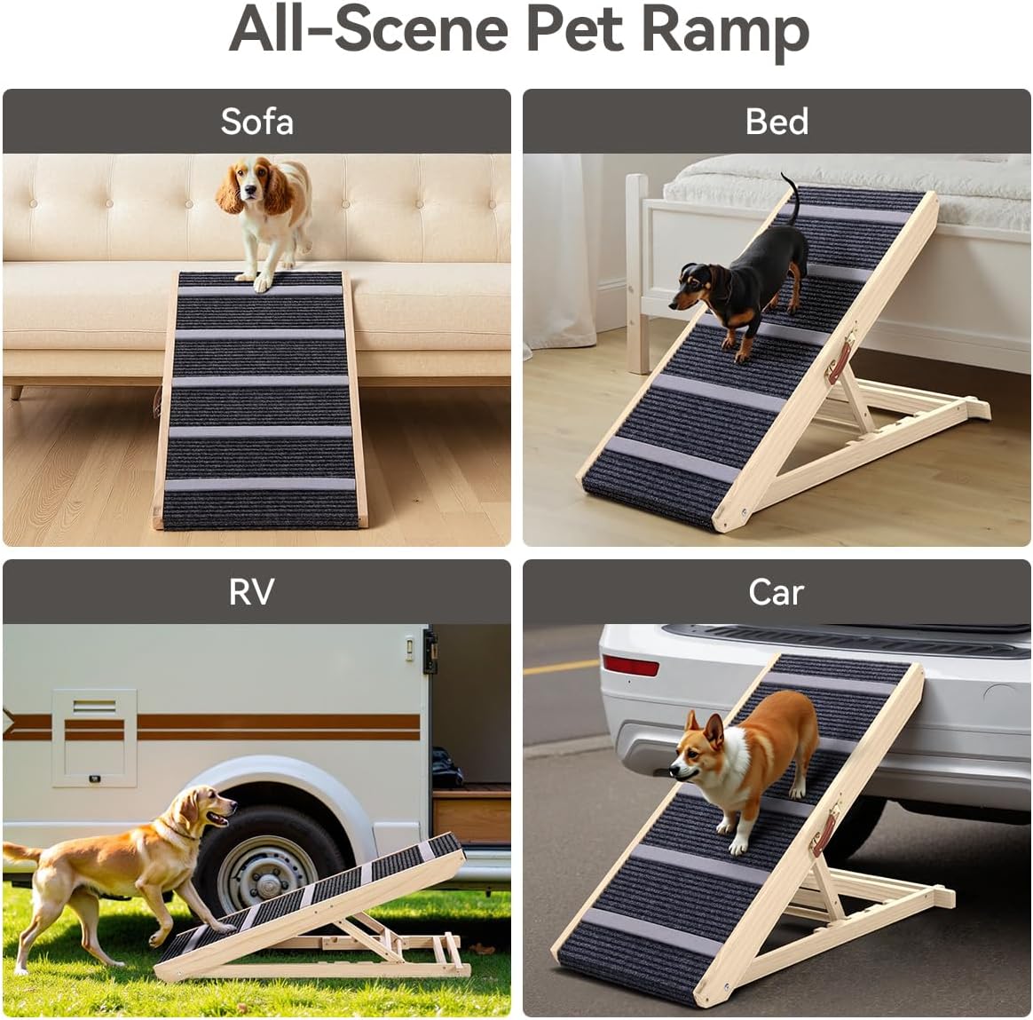 Dog Ramp for Bed, Wooden Dog Ramp for Couch with 4 Adjustable Heights, Anti-Slip Carpet & Wider Walkway, Foldable Pet Ramp for Sofa, Bed, Car, Supports Up to 200 Lbs