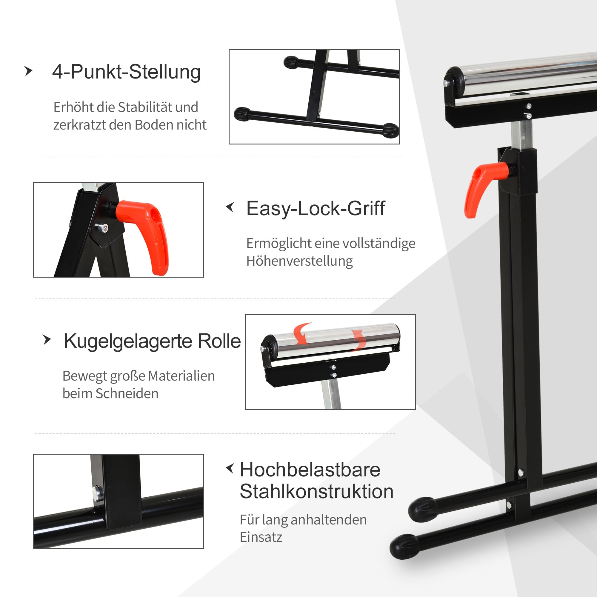 HOMCOM Rollenbock, Rollenauflage, Höhenverstellbares Arbeitsbock, Rollenständer, Hiflsbock, Stützbock, bis 90 kg, Metall, Schwarz, 44 x 50 x 68-110 cm