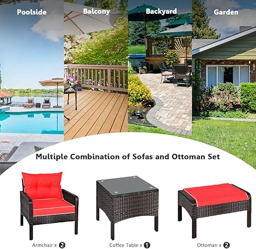 Miniatura 6 de Juego de muebles de mimbre para patio, juego de conversación de mimbre modular para exteriores con 2 otomanas y mesa de centro de vidrio templado,