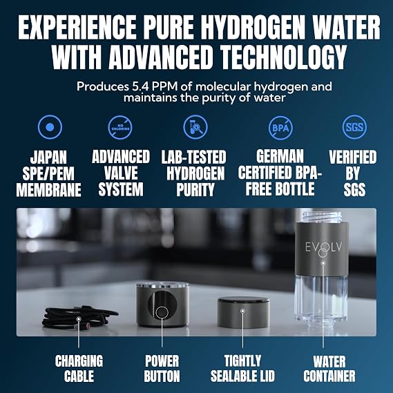 EVOLV Hydrogen Water Bottle, Water Ionizer, Leak Proof Design, Black