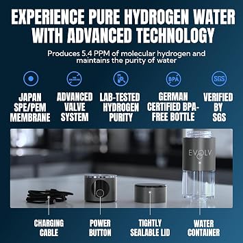 EVOLV Hydrogen Water Bottle, Water Ionizer, Leak Proof Design, Black