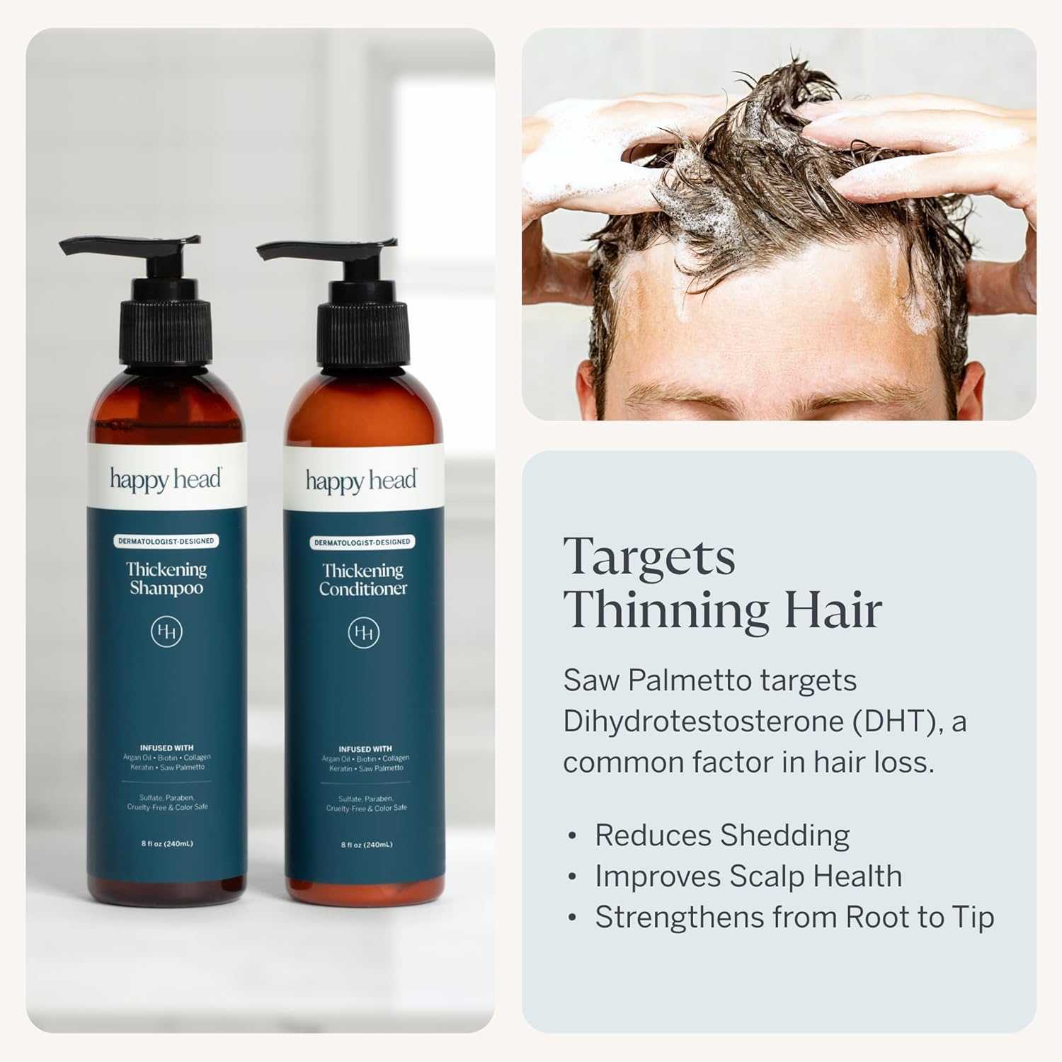 Happy Head Hair Shampoo & Conditioner Set for Men & Women with Biotin, Argan Oil, Collagen & Keratin, Daily Hair Care Routine for All Hair Types, Hydrating & Frizz Control Set for At Home Use
