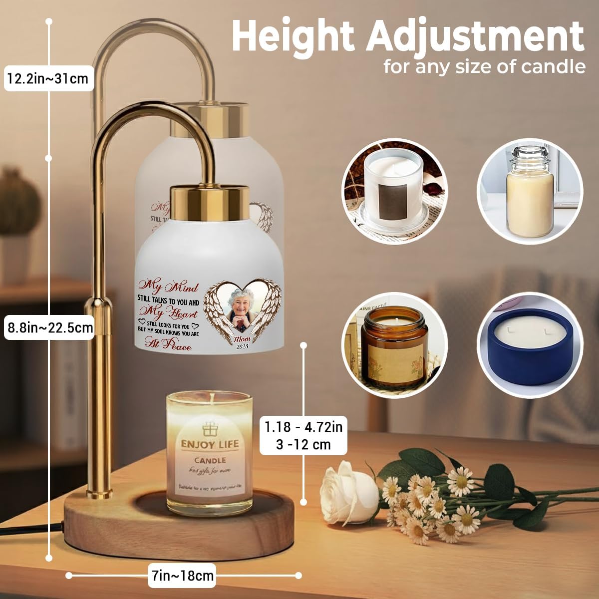 Wrappiness Memorial Candle Warmer Lamp with Timer - Dimmable Candle Warmer with Height and Brightness Adjustable - Keepsake Gifts for Loss of Dad Mom, House Warming Gifts Home Décor Custom Photo