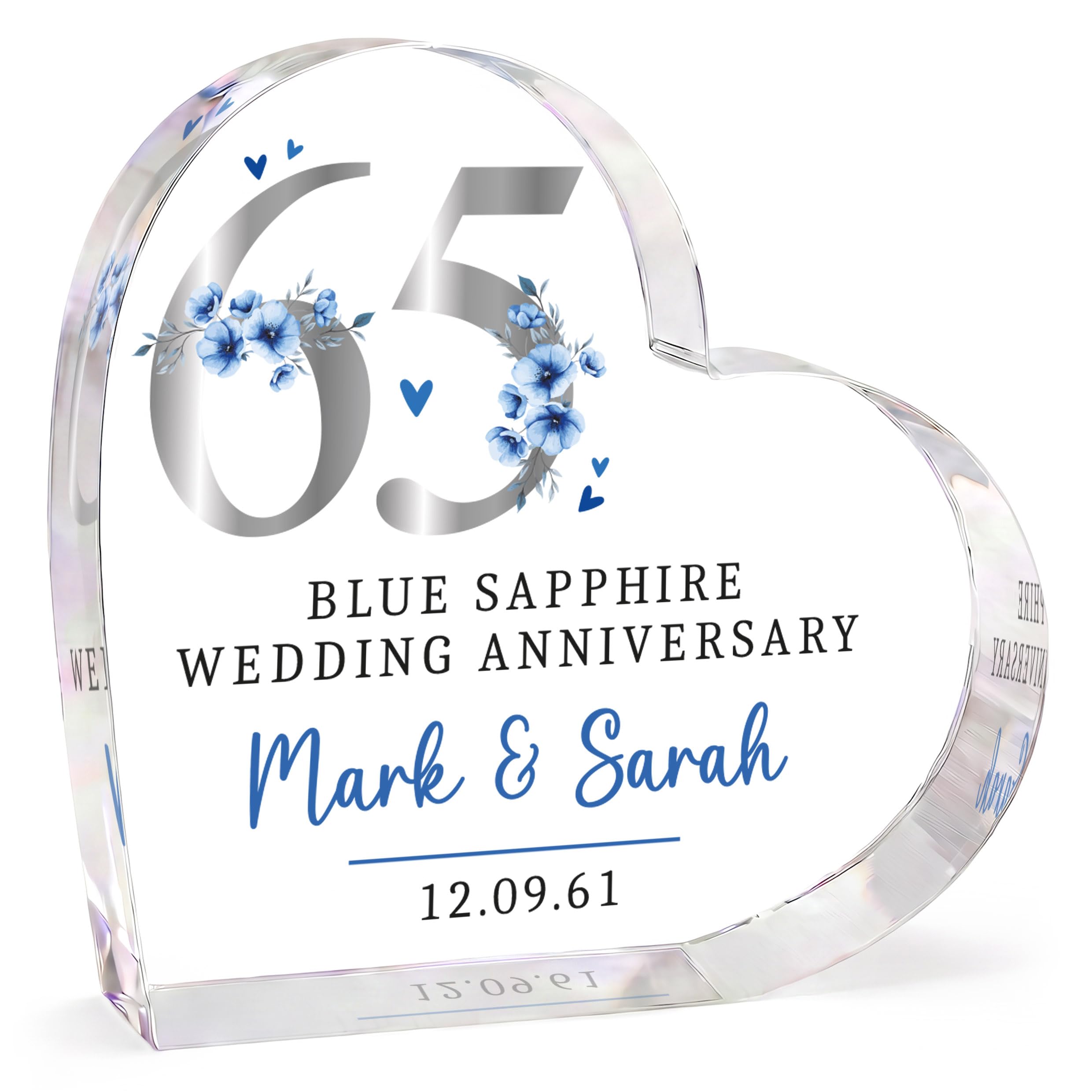 Beecreative Personalised 65th Blue Sapphire Wedding Anniversary - Gift - Clear Acrylic Heart Plaque - 65 Year Anniversary Presents - With Grey Bag
