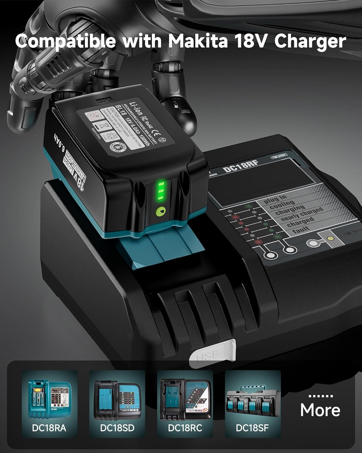 4Pack 18V 6.0Ah Lithium Battery Replacement for Makita 18V Battery Compatible with Makita Battery 18Volt 6.0Ah BL1860B BL1850B BL1840B BL1830B - Image 4