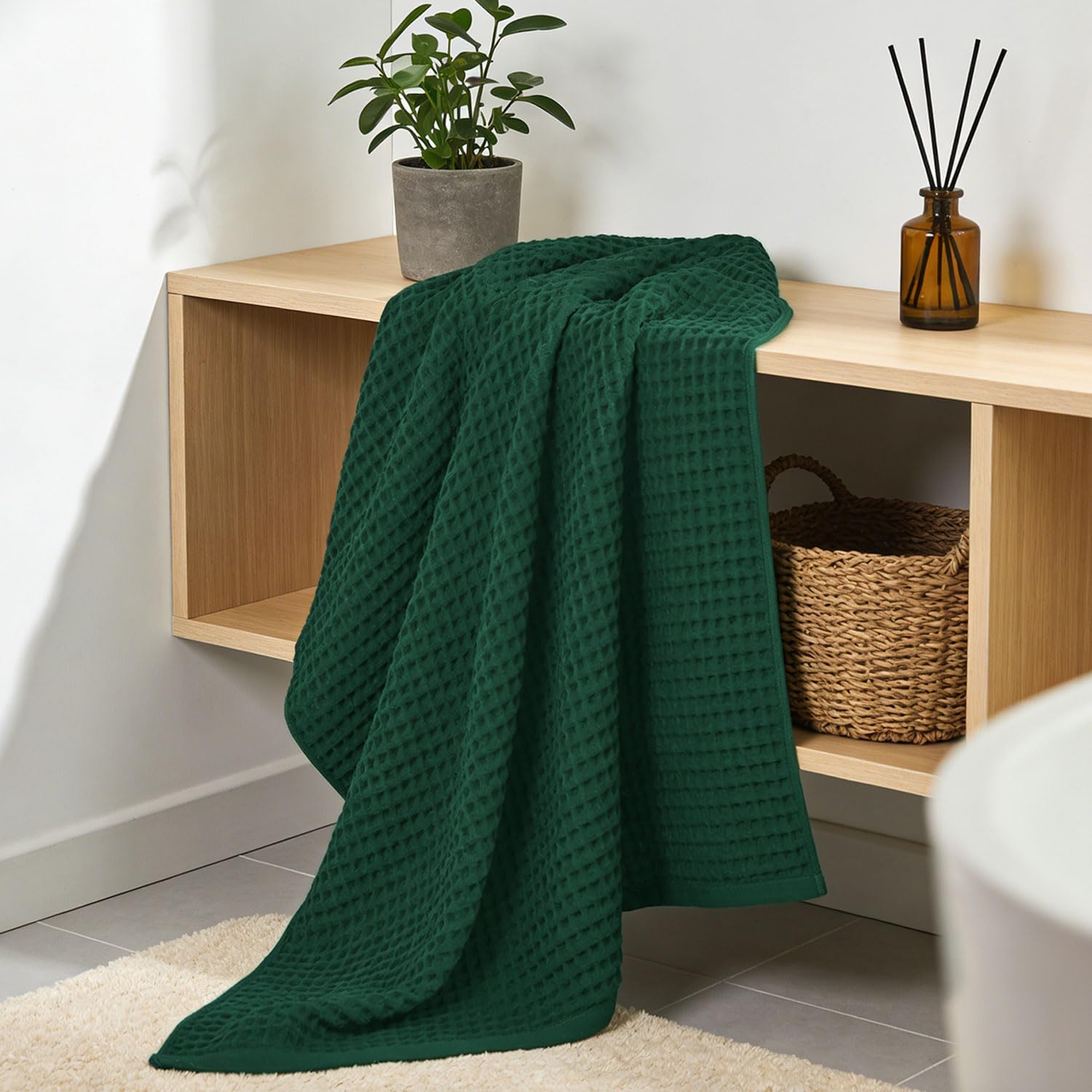 Jacquotha Waffle Bath Towels 2-Piece (Forest Green) - Cotton, Soft, Quick Dry, 31” x 62” Shower Towels for Bathroom Decor, Beach, Guest