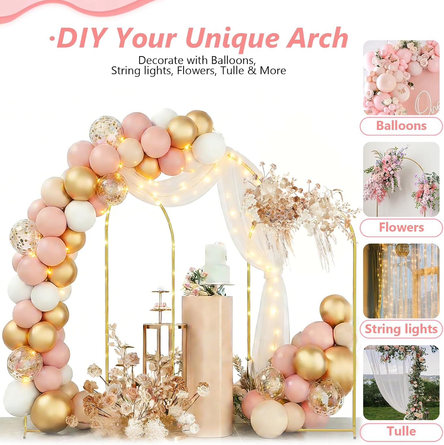 EMART Metal Arch Backdrop Stand Set of 3 (7.2FT/6.6FT/6Ft) Wedding Arch Frame with 12 Ground Nails/6 Water Bags, Arched Backdrop Stand for Wedding Birthday Party Baby Shower Graduation Festival Decor