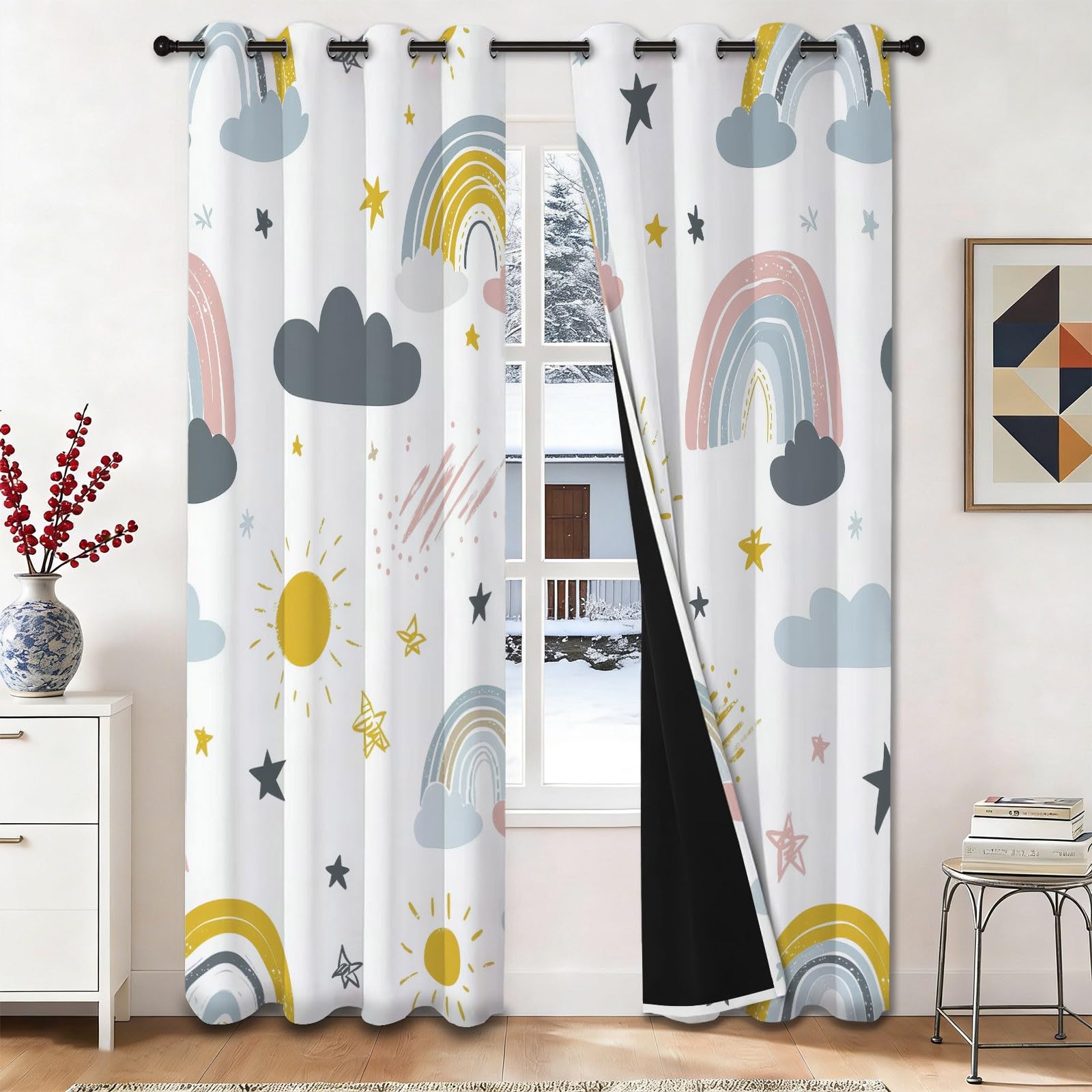 Rideaux Set de 2 70 x 240 cm, Blanc Dessin Animé Réduction du Bruit Résistant à la décoloration Rideau, Arc-en Étoile Filante Nuage Soleil Étoiles Imprimer Rideaux pour Cuisine Salle à Manger Salon