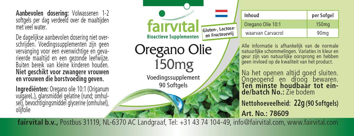 fairvital Capsule di olio di origano 150 mg, 90 capsule molli, facili da deglutire, ALTO DOSAGGIO, estratto di olio di origano 10:1, Origanum vulgare