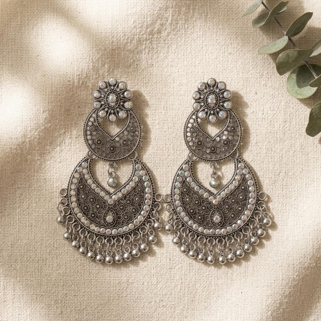 Traditional Chandbali Earrings, Antique Gold and Oxidised Silver, Floral Stud, Pearl Drops, Ethnic Indian Jewellery-image-24