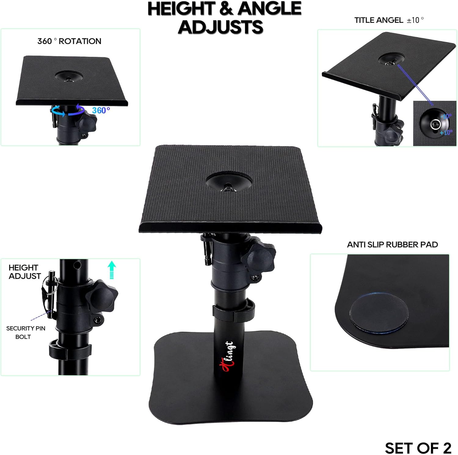 Tlingt Desktop Speaker Stands Pair, Clamp-on Monitor Speaker Stand Riser, 6.7”x7.9” Metal Tray, Adjustable Height, -10° to +10° Tilted Angle, Ideal for 3 to 4-inch Monitor Speaker, Bookshelf Speaker