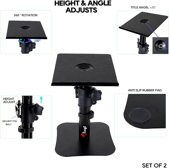 Desktop Speaker Stand Pair, 17x20 cm Metal Tray,10° to +10° Tilt, Flat Base Universal Fit for Any Desk Surface, Perfect for 3-4 Monitor & Bookshelf Speakers
