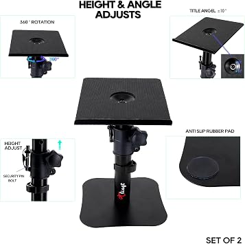 Desktop Speaker Stand Pair, 17x20 cm Metal Tray,10° to +10° Tilt, Flat Base Universal Fit for Any Desk Surface, Perfect for 3-4 Monitor & Bookshelf Speakers