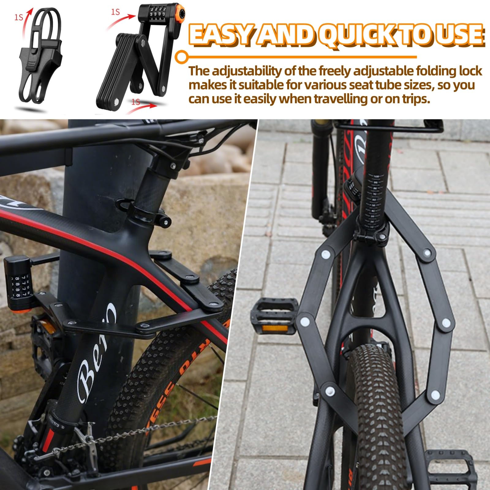 LuTuo Lucchetto Pieghevole Per Bicicletta Con Supporto, Lucchetto A Combinazione A 4 Cifre, Lunghezza 85 Cm, Chiusura A Catena Ad Alta Sicurezza, Per Mountain Bike E Scooter