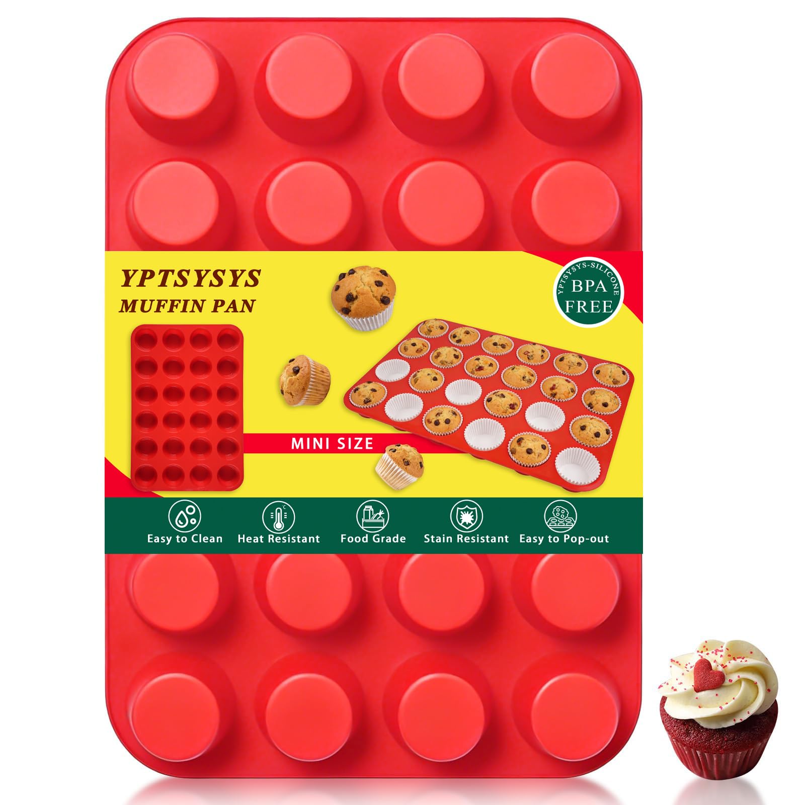 YPTSYSYS Silicone Muffin Tray, 24 Cups - Non Stick Baking Trays for Cupcakes & Brownies - (22.5x33cm) Red Baking Moulds for Muffin, BPA Free & Dishwasher Safe