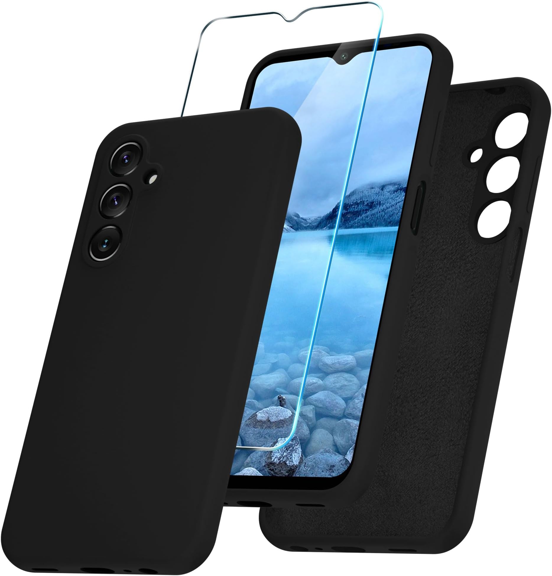 YENAPOON for Samsung Galaxy A15 5G Case, Silicone Phone Case with 1 Screen Protector, Soft Anti-Scratch Microfiber Lining, Full Body Shockproof Slim Cover, Black