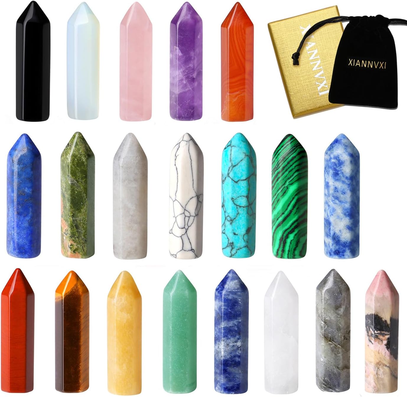XIANNVXI 20 Pcs Healing Crystals Set Crystals Gemstones Wands Bulk Crystal Gifts Reiki Polished Stones Crystal Points Assorted Crystals for Beginners Collection