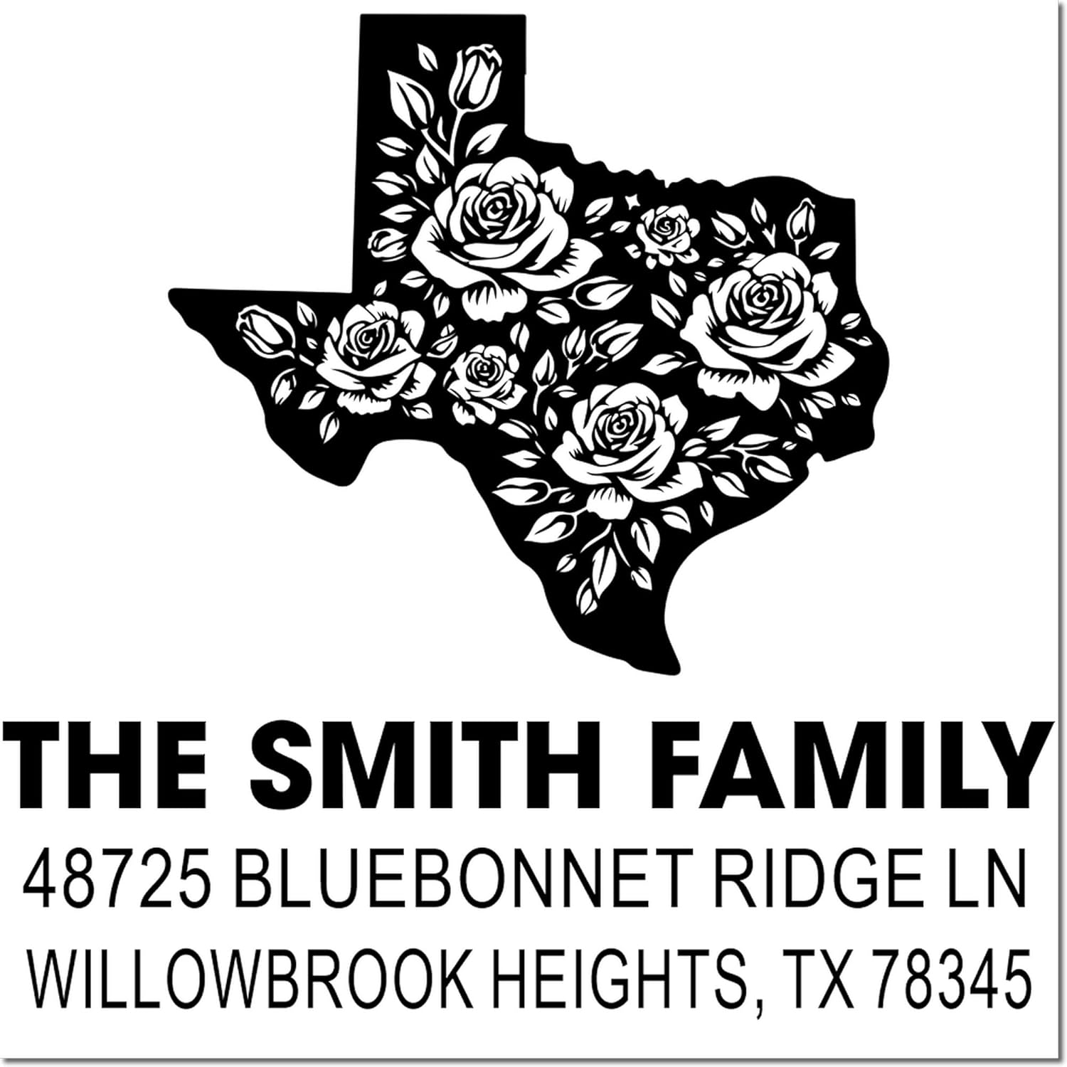 Floral Texas Silhouette, State Outline Art Pre-Inked Stamp - Unique Three Line Design for Cards, Standard 1-5/8" Square, Crafters & Texas-Themed Gifts, Decorative