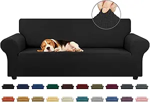 KEKUOU Stretch Sofa Cover Slipcover ,Couch Covers for 3 Cushion Couch Sofa pet Friendly (78"-94") Furniture Protector Sofa with Elastic Bottom for Kids,Dog, Jacquard Small Checked(Large,Black)
