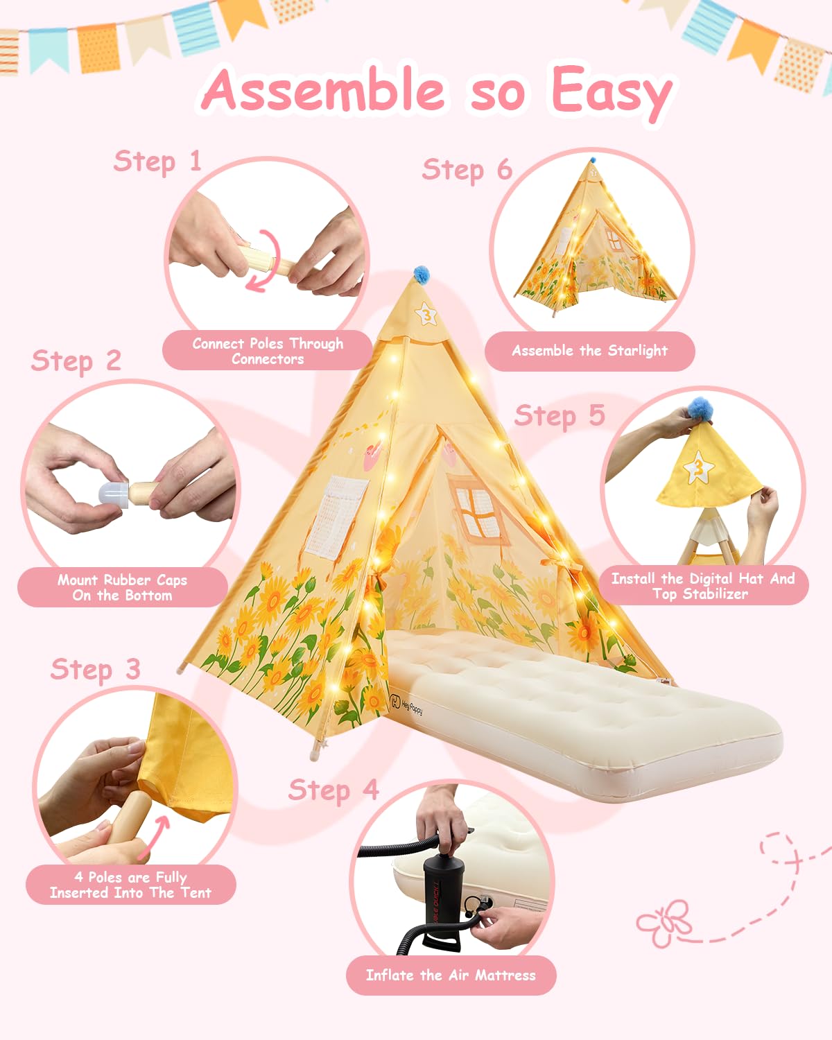 Lot de 6 Tentes Tipi pour Enfants avec Matelas Gonflables – Kit Complet Soirée Pyjama Cabane de Jeu