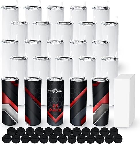 sweet grain Vasos de sublimación de 20 onzas (25 unidades) Vaso de sublimación de acero inoxidable con tapa, pajilla, parte inferior de silicona y