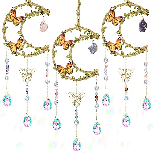 Zeyune 3 piezas de atrapasoles de cristal de mariposa colgantes de amatista para ventana interior, campanillas de viento de cristal rosa, dijes de