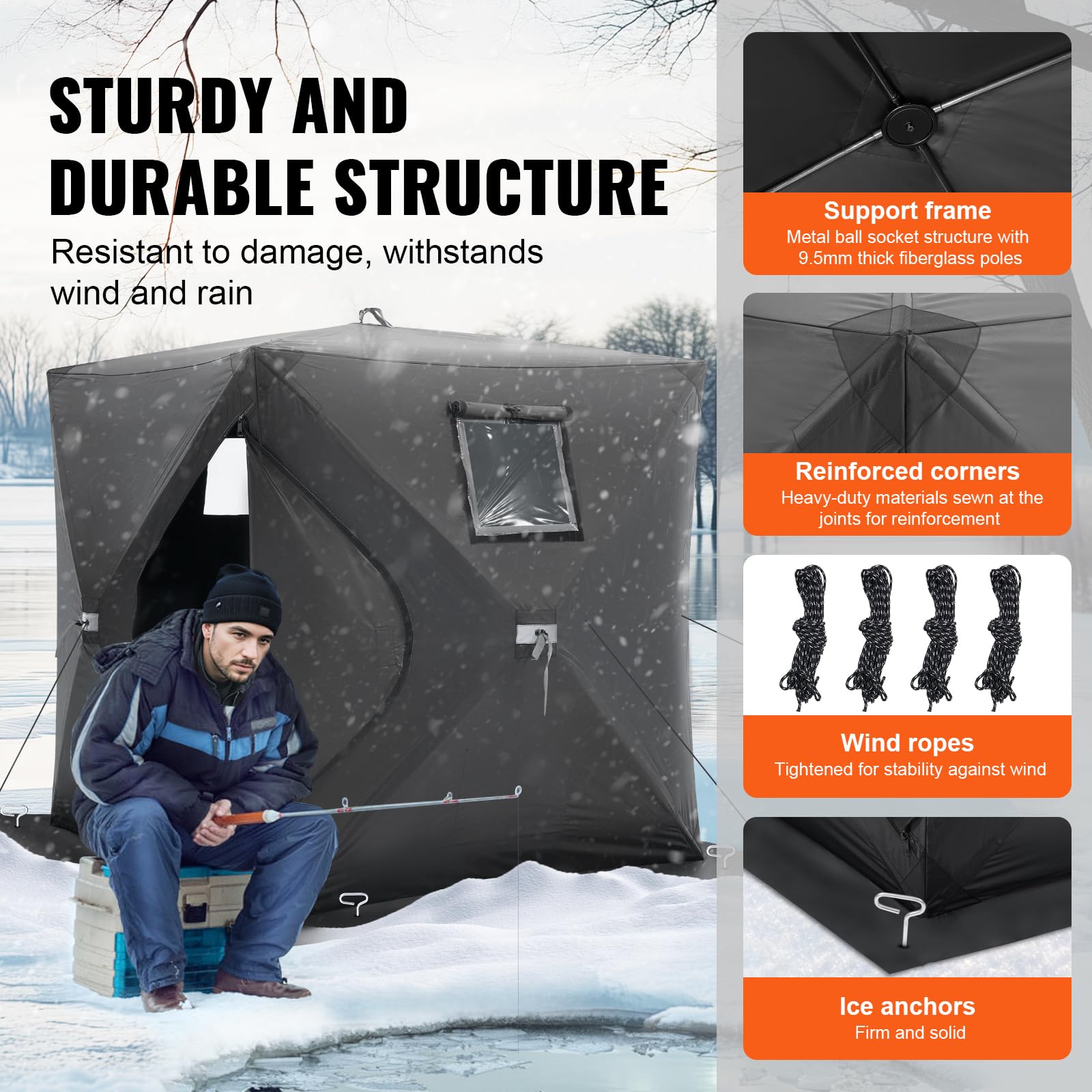 VEVOR Portable Pop-Up Ice Fishing Tent, 1-8 Person Insulated Ice Shelter, Large Fishing Area, Hub-Style Ice Shanty for Winter Fishing, Waterproof Oxford Ice Cube with Anchors/Ropes/Carrying Bag