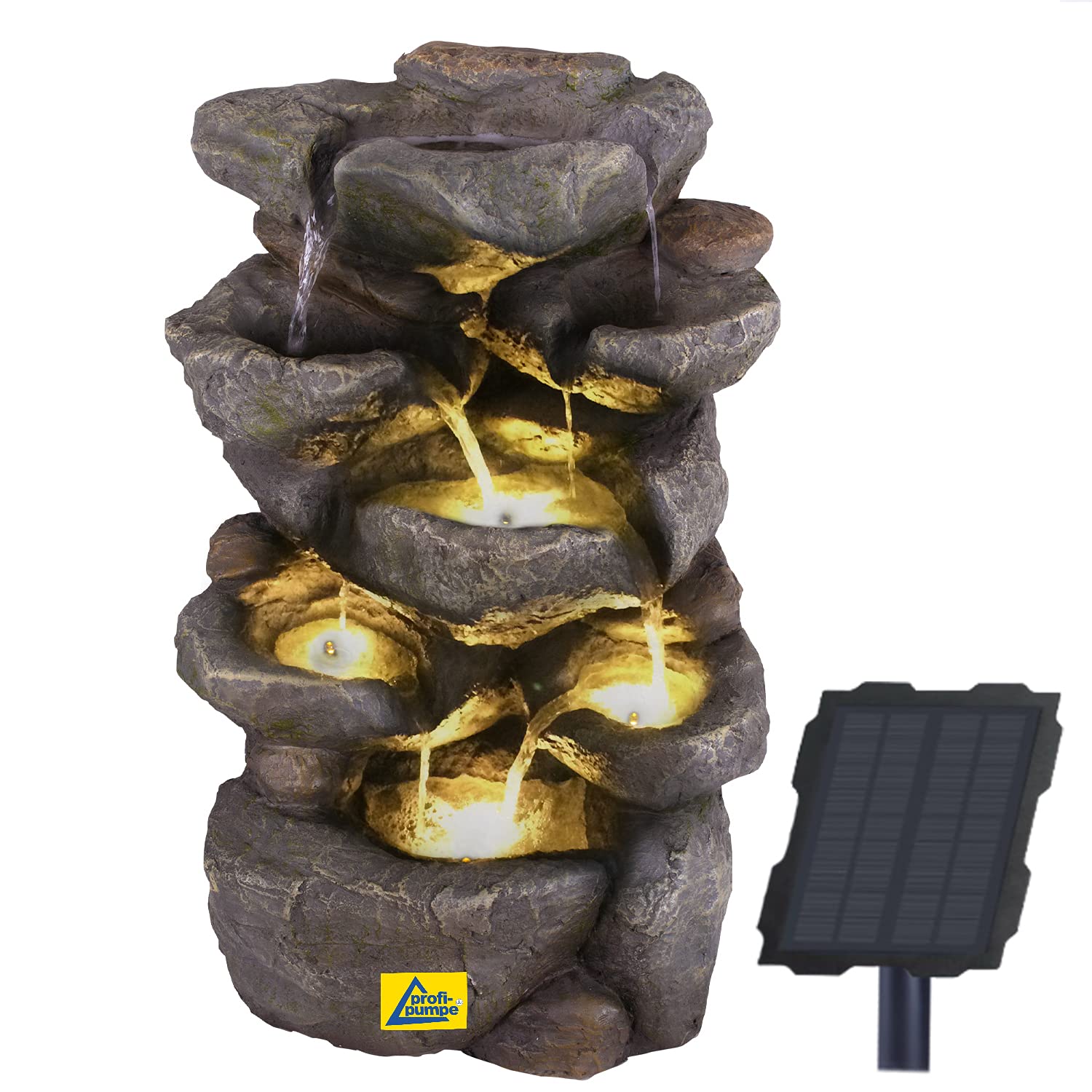 Fuente Solar Decorativa con Cascada y Luz de jardín - Bomba de Estanque para Patio, balcón con Inicio instantáneo, batería de Iones de Litio y luz LED