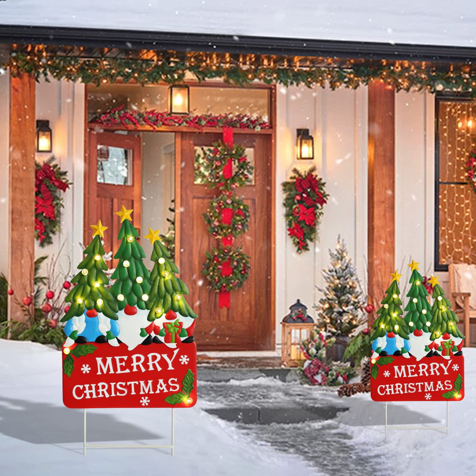 Piquets de cour de Noël lumineux avec nains de Noël à LED, arbres de Père Noël, piquets de cour en métal éclairés, panneau « Merry Christmas », piquet de jardin, pelouse, allée, décoration extérieure