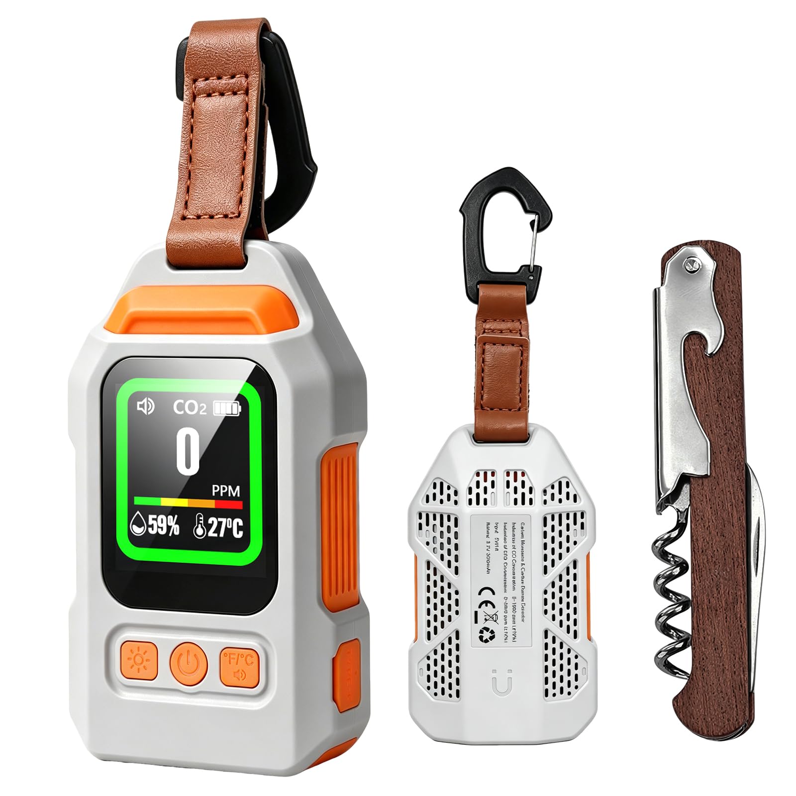 4-in-1 Tragbarer Kohlenmonoxid Melder, 300 Stunden Akkulebensdauer, Thermometer und Hygrometer mit Alarmfunktion und Notleuchte für Reisen Camping, Zelt, Wohnmobil, Wohnmobil, Zuhause, Küche