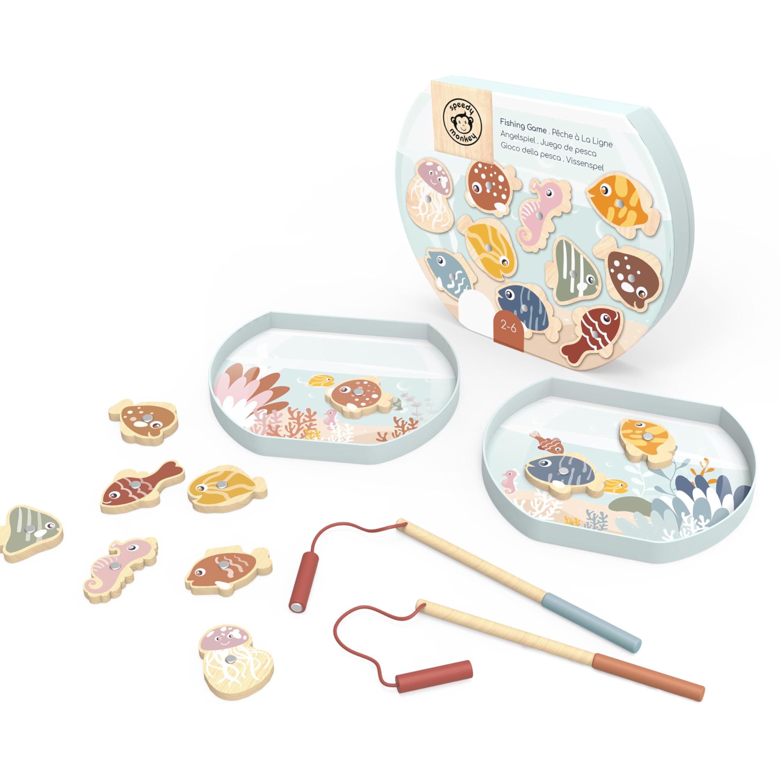 Speedy Monkey Magnetic Fishing Game - 10 Colourful Wooden Fish & 2 Magnetic Rods | FSC Certified, Sustainable, Non Toxic Safe for Kids | Toddler Toys | Magnetic Toddler Toys for 2 Year Old Boy & Girls