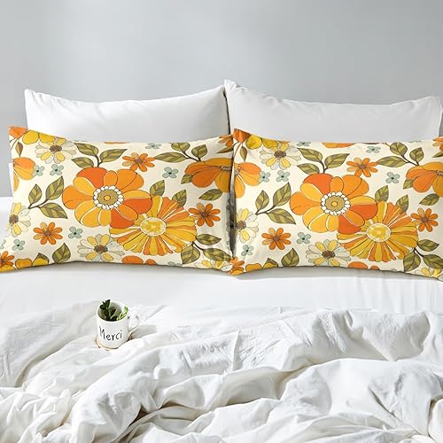 Miniatura 6 de Juego de funda de edredón de tamaño matrimonial, diseño de flores retro, acuarela amarilla, hojas verdes, con 2 fundas de almohada, 3 piezas, 70,