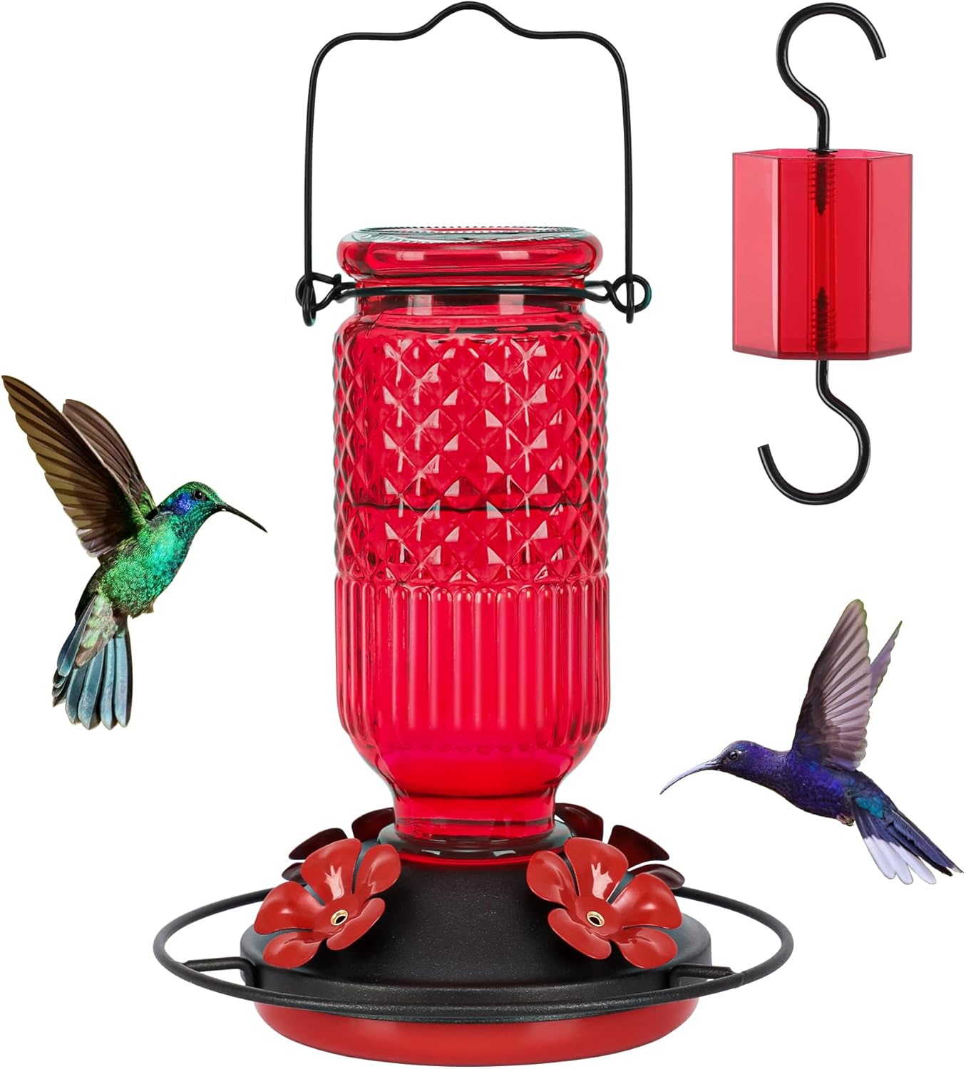 FEED GARDEN Glass Hummingbird Feeder for Outdoors Hanging, 16 OZ Humming Birds Feeders with 4 Bee Guard Feeding Ports & Built-in Ant Moat, Bird Feeder for Outside, Gifts for Women Mom, Red