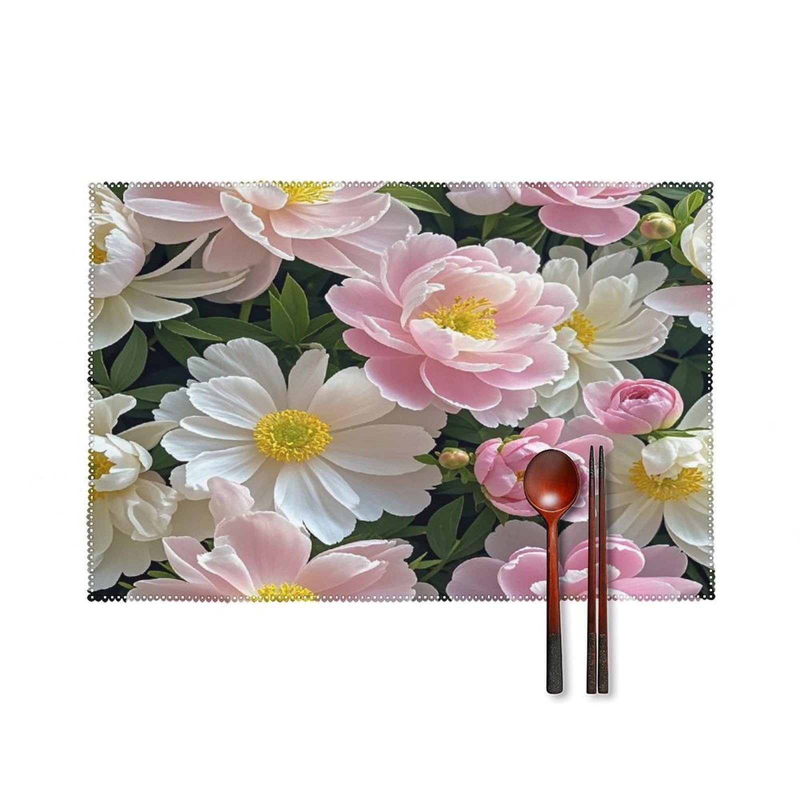 Beautiful Flowers with and Peonies Placemats Set of 6 Washable Farmhouse Dining Table Mat Non Slip Heat Resistant Non-Slip Place Mats Easy Clean Table Protective Placemats for Indoors & Outdoors