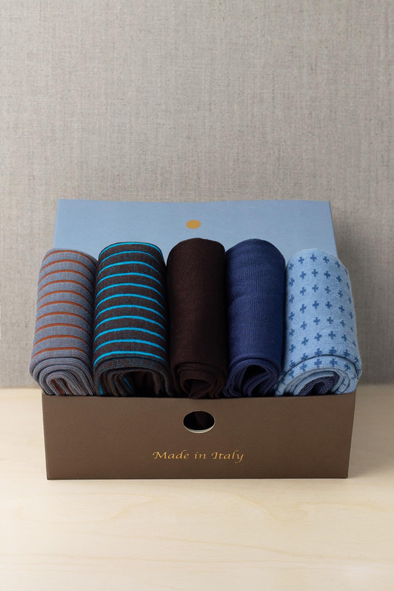 GATTI A POIS Box da 5 Paia di Calze Lunghe Eleganti, Mix di Fantasie in Caldo Cotone e Filo di Scozia, Marrone e Blu Nippon, Made in Italy