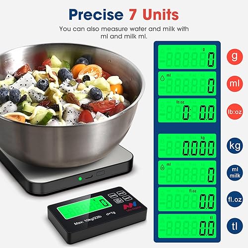 Miniatura 3 de Mik-Nana Báscula de alimentos, báscula digital de cocina de 22 libras con 7 unidades de pantalla LCD y función de tara, peso de acero inoxidable
