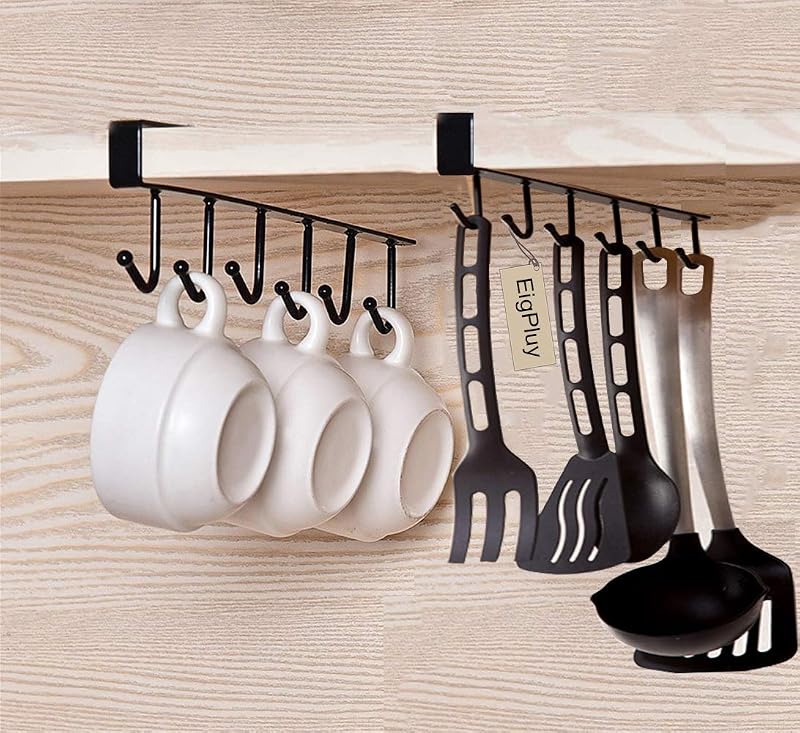 2pcs Mug Hooks Under Cabinet Cups Storage Hook Multifunction Self Adhesive Coffee Cups Holder Kitchen Utensil Ties Belts Scarf Hanging Rack,Black