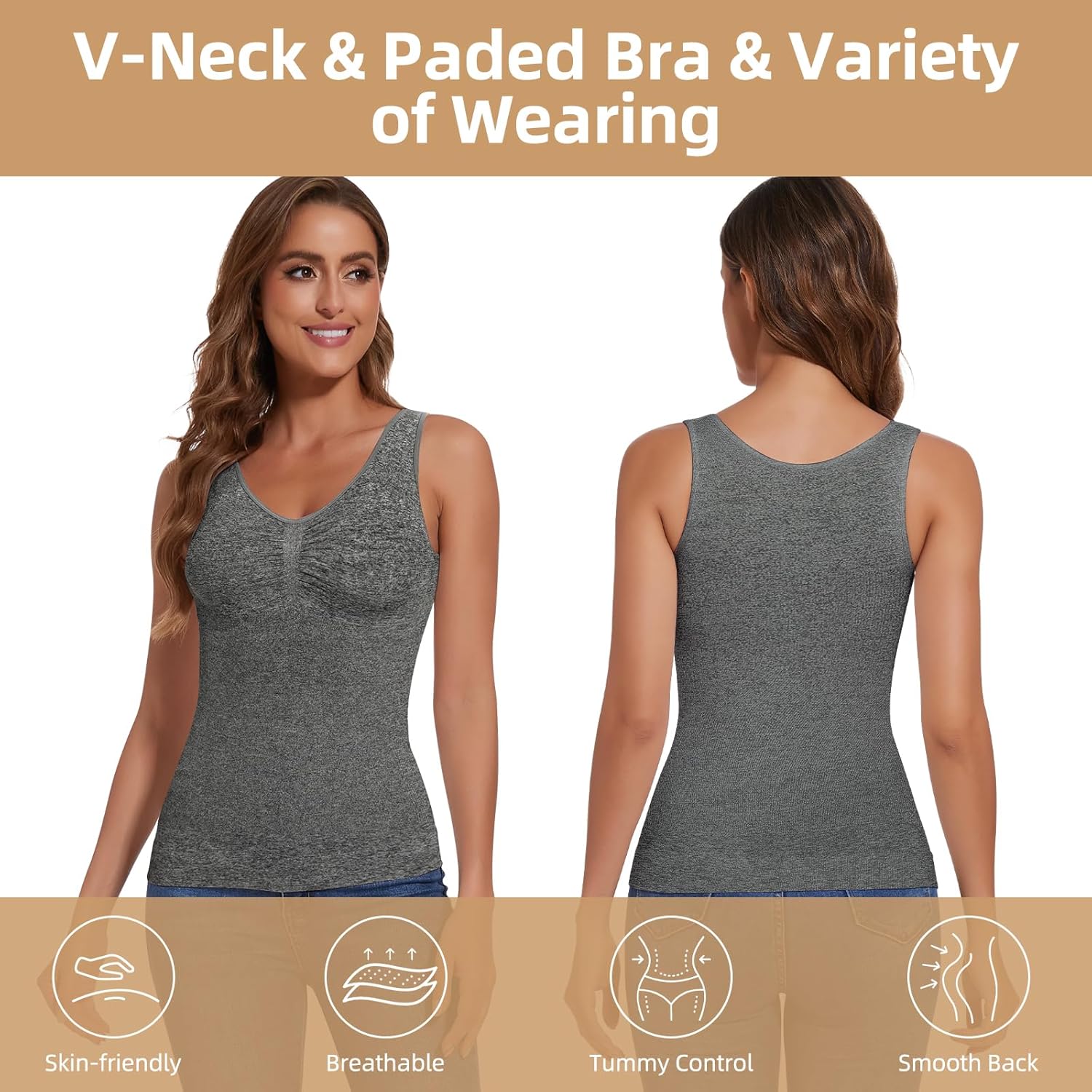 JOYSHAPER Shapewear Top With Built in Bra Shapewear Tanks V-Neck Compression Tank Tops for Women Tummy Control Camisole - Image 2