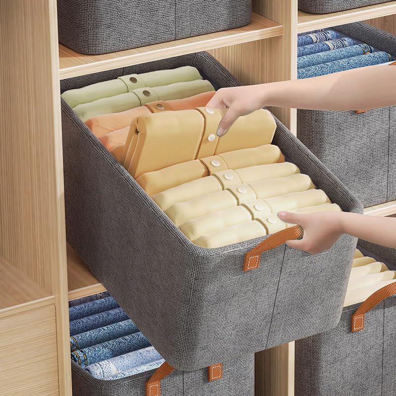Image of JD FRESH 1 Pc Large Foldable Storage Box and Organiser with Steel Frame /Woven Fabric Clothes Organiser with Handle /Wardrobe Organizer for Storage /Almirah Organizer for Shirts /Jeans /Sweater (Grey)
