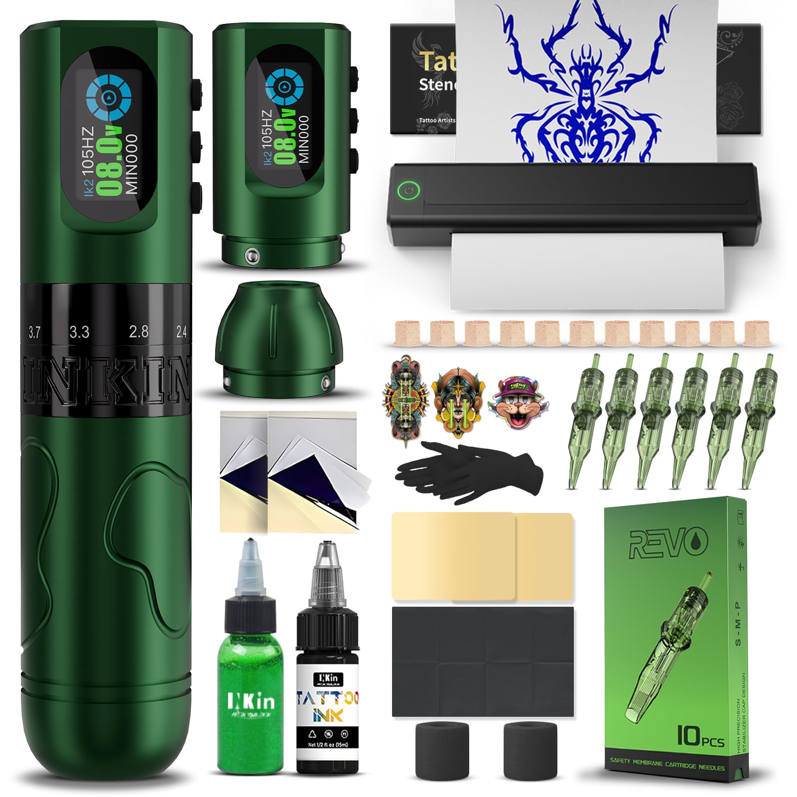 INKin Tattoo Maschine Set, Kabelloser Tätowiermaschine mit 2.0-4.2mm Hublänge und 1600mAh Batterien, Tattoo Zubehör Set Komplett mit Tattoo Drucker Bluetooth,Stencil Stuff,Tattoo Farbe und Nadeln