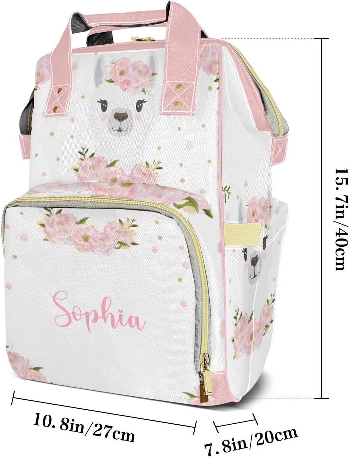 Llama Blush Floral Pink Diaper Backpack with Name Custom Backpack Mommy Nappy Baby Bag Waterproof Casual Travel Daypack Tote Bag for Mom Dad