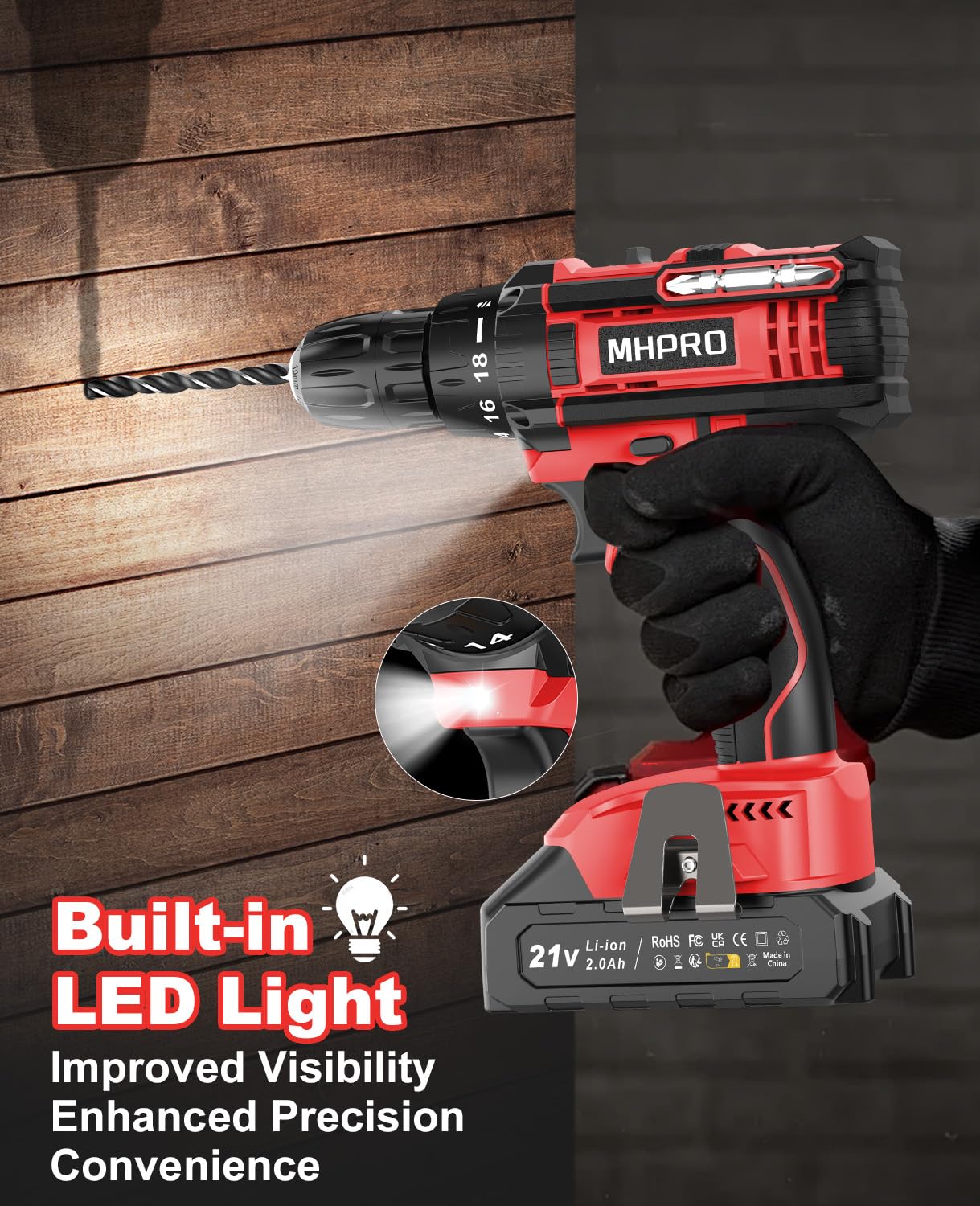 MHPRO Taladro Percutor a Bateria 21V, Taladro Atornillador Bateria con 2 Baterías 2000mAh, 42Nm, 18+1 Ajuste de Par Destornillador Electrico, 14 Accesorios, 2 Velocidad, LED Luz Para Hogar, Bricolaje